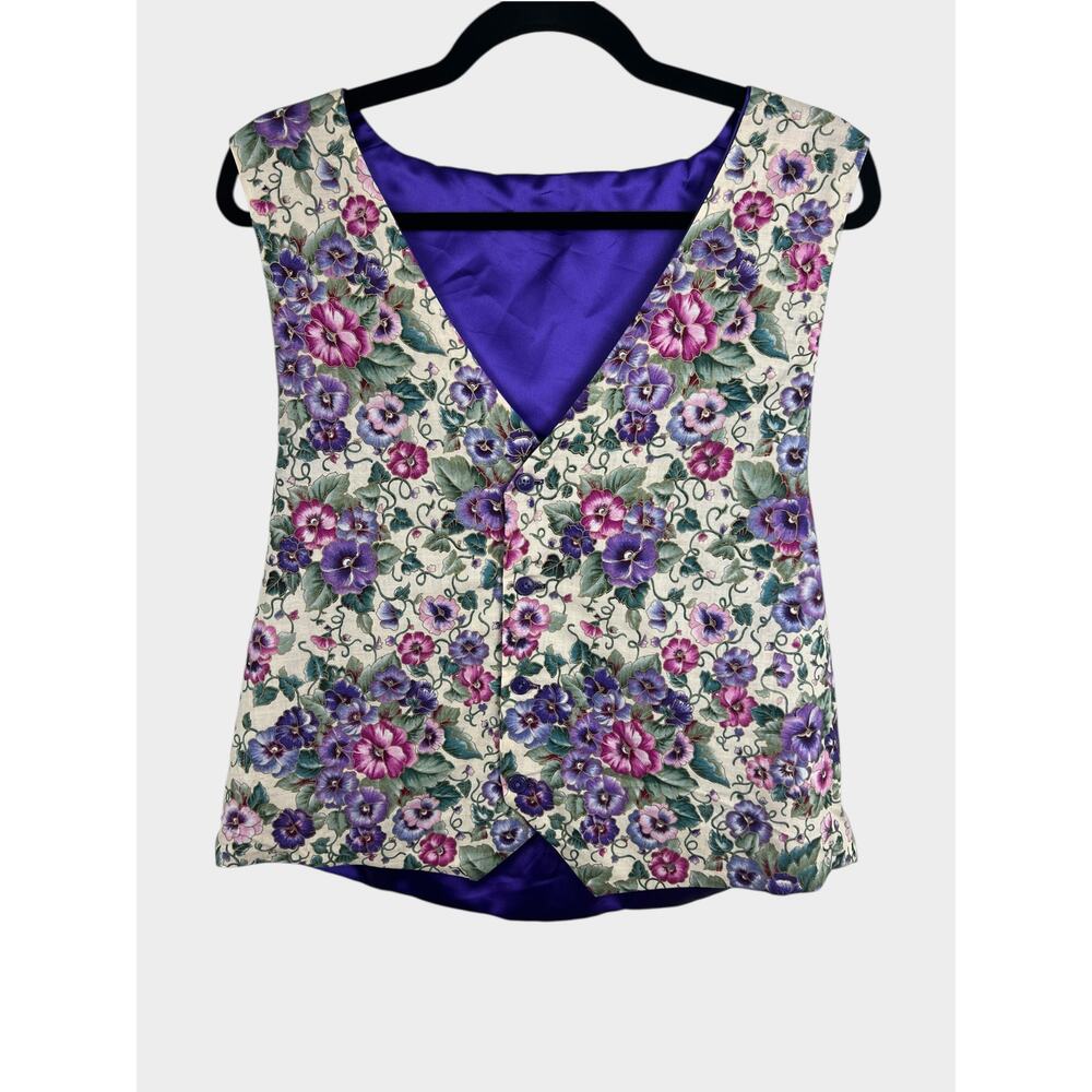 Handmade Reversible Floral Pansy Vest Purple Satin Whimsy‎ Cottagecore M L